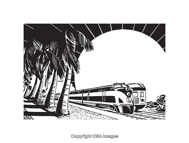 Retro Train and Palm Trees in Black and White Line Art Illustration