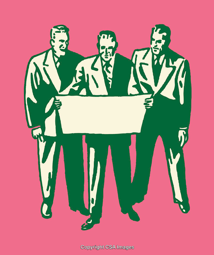Stylized Illustration of Businessmen Analyzing a Document on Pink Background