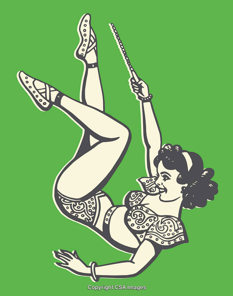 Circus Performer Swinging Artistically Depicted in Vibrant Line Art Style