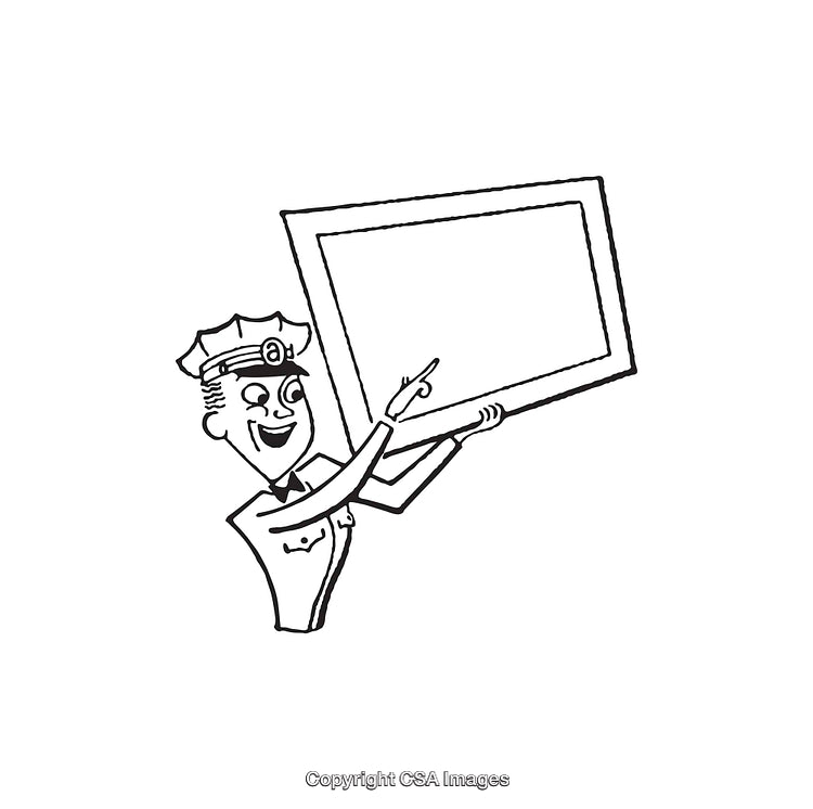 Smiling Policeman Holding Blank Frame and Pointing