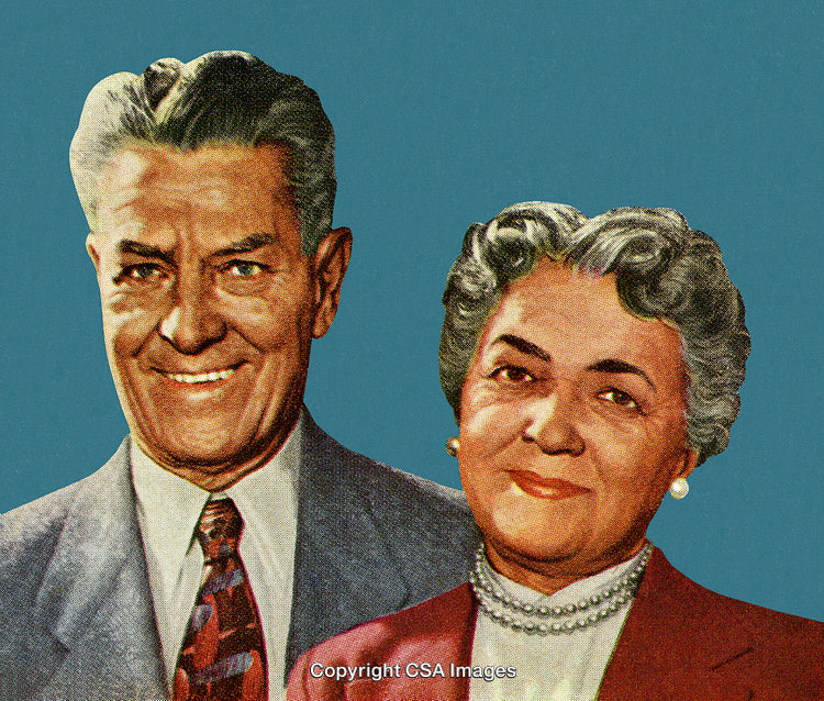 Vintage Illustration of a Smiling Elderly Couple on a Blue Background