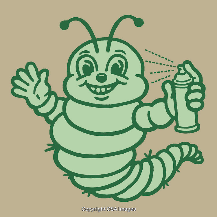 Smiling Green Caterpillar Holding Spray Can Line Art Illustration