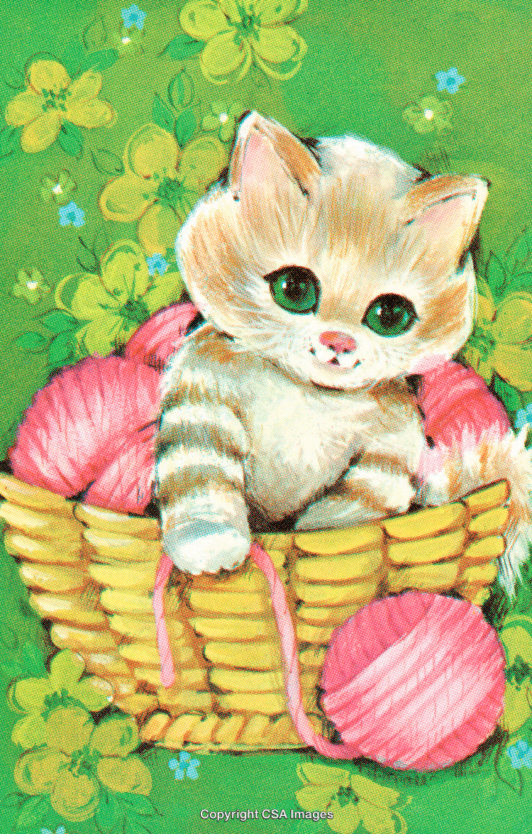 Adorable Kitten Resting in a Basket with Yarn Balls on Spring Background