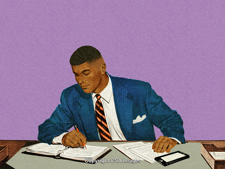 Professional Man Writing in Office with Retro Illustrative Style