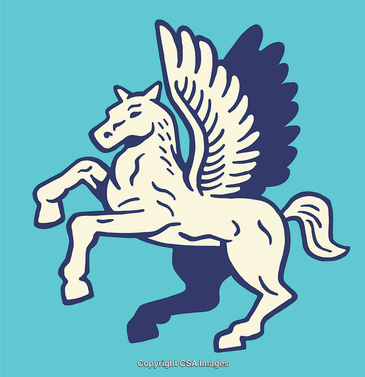 Stylized Pegasus Illustration in Bold Design on Sky Blue Background