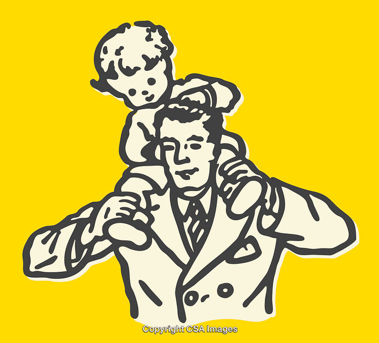 Father Carrying Child on Shoulders in Yellow-Themed Line Art Illustration