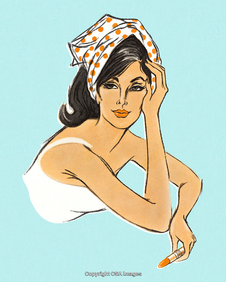 Vintage Woman with Polka-Dot Headscarf Holding Lipstick Illustration