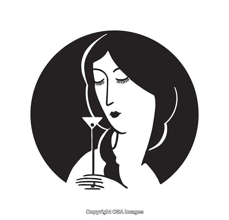 Elegant Black and White Line Art of a Woman with Cocktail Glass