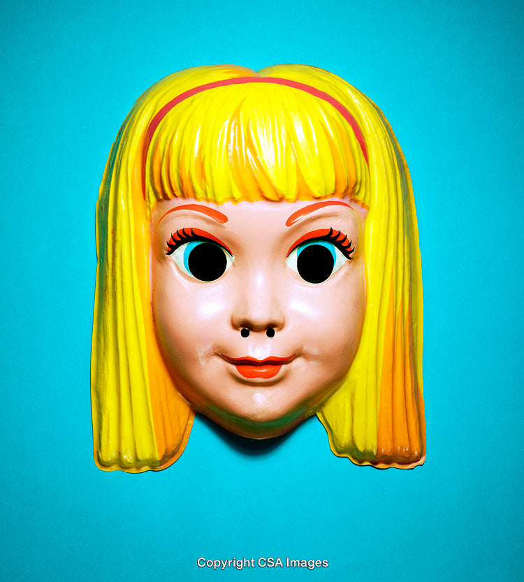 Colorful Plastic Mask on a Bright Blue Background for Artistic Representation
