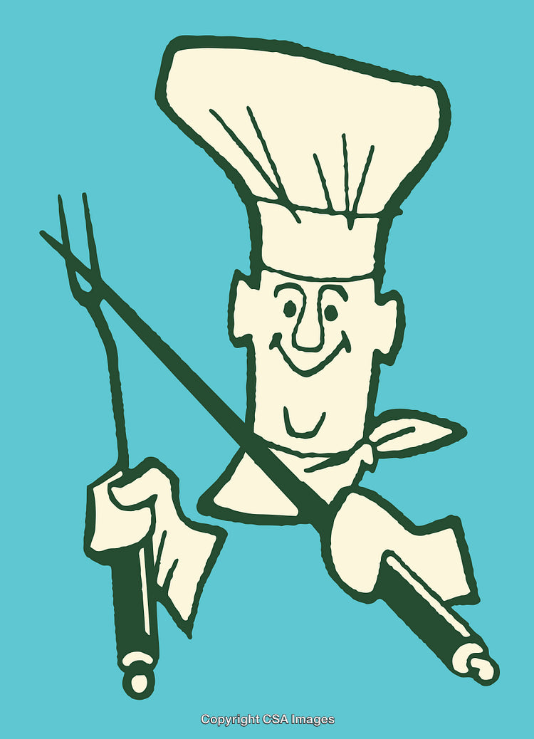 Smiling Chef Illustration with Cooking Tools in Hand on Blue Background
