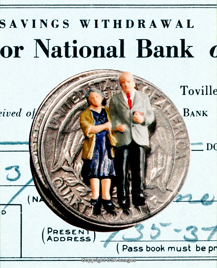 Miniature Elderly Couple on Coin with Bank Withdrawal Background Art
