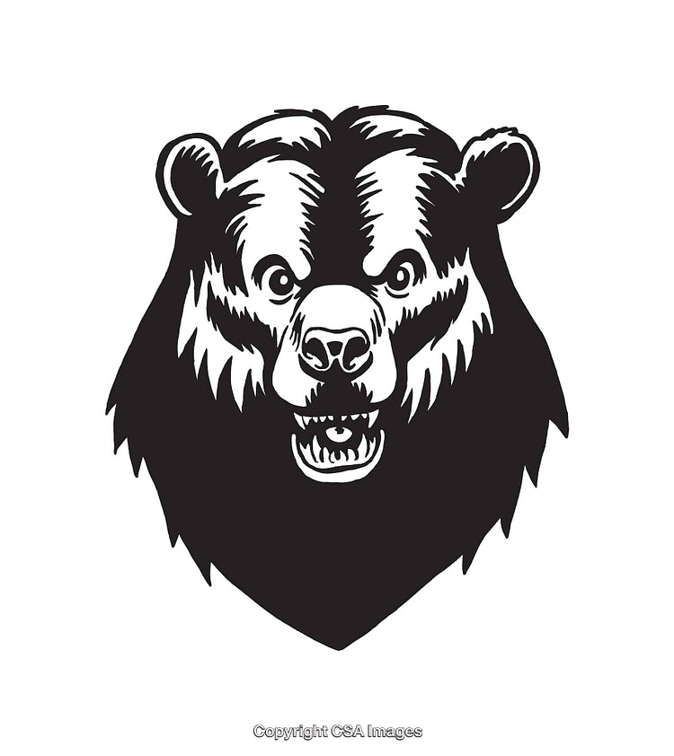 Black and White Line Art Illustration of a Bear Head Roaring