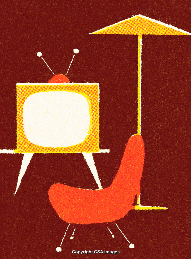 Retro-Inspired Illustration of Furniture and Television in Vibrant Colors
