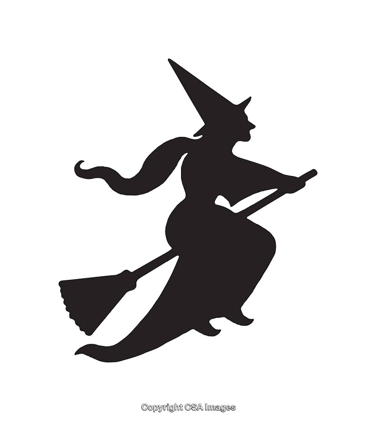 Silhouette of a Witch Flying on a Broomstick in Black and White