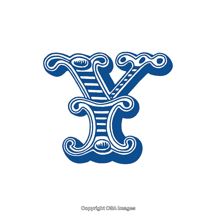 Decorative Blue Letter Y with Intricate Design on White Background