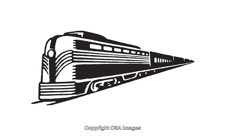 Black and White Line Art of a Retro Train on Tracks
