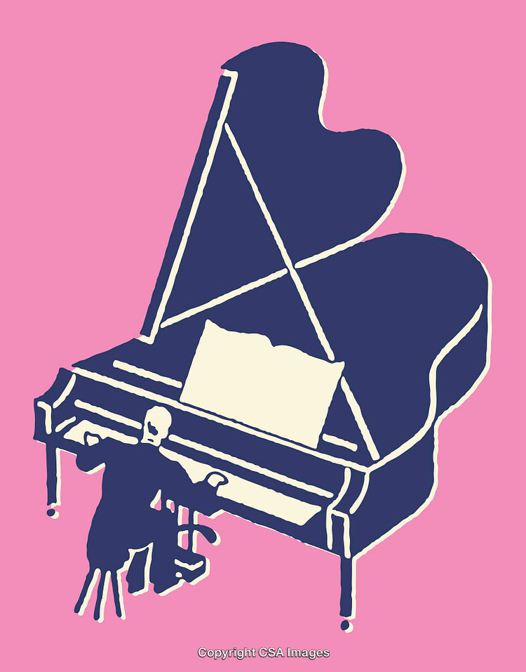 Colorful Illustration of a Pianist at a Grand Piano on Pink Background