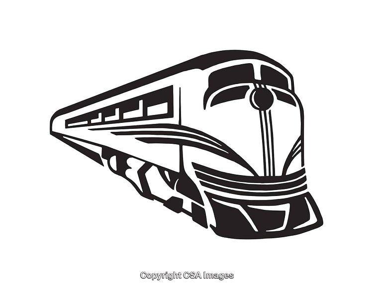 Black and White Art Deco Train Illustration in Streamlined Style
