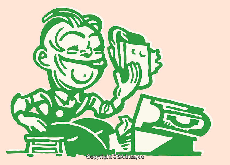 Vintage Style Line Art of a Cheerful Person Using a Cash Register