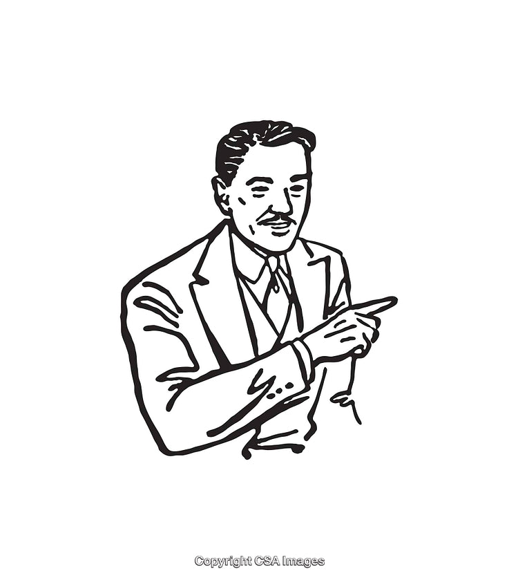 Vintage Line Art Illustration of a Man in Formal Attire Pointing
