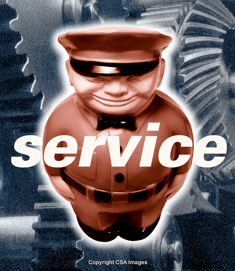 Vintage Plastic Toy Figurine Promoting Service with Mechanical Gear Background