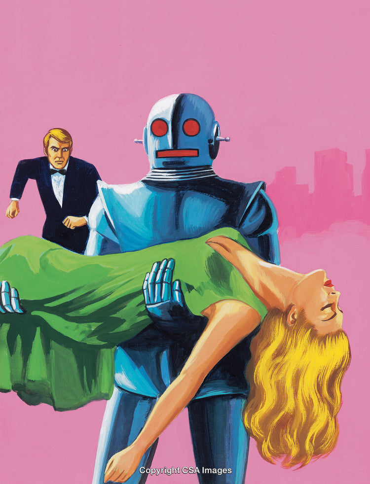 Robot Holding Woman While Man Approaches Dramatic Vintage Scene