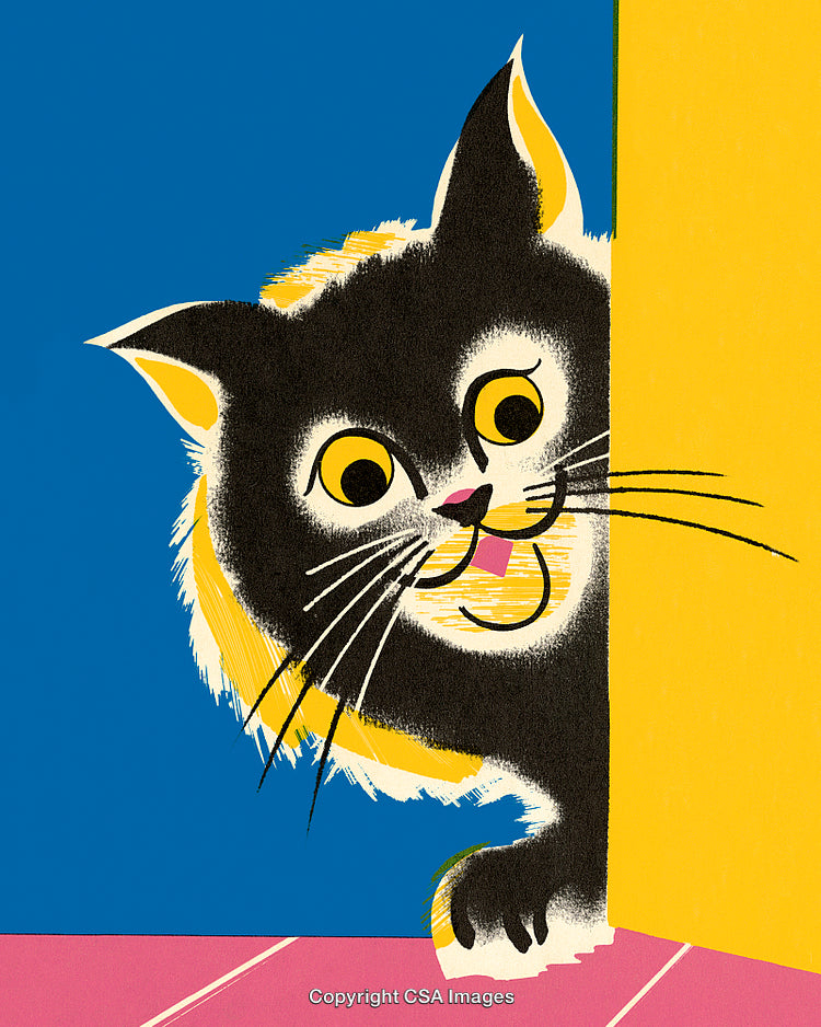 Playful Cat Peeking Behind a Bright Yellow Wall in a Colorful Illustration