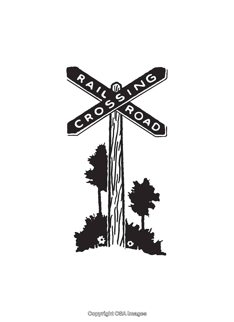 Black and White Railroad Crossing Sign Illustration with Scenic Elements