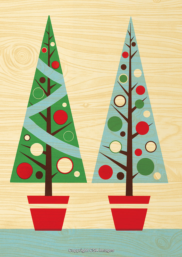 Decorative Christmas Trees With Festive Ornaments in Vibrant Potted Design