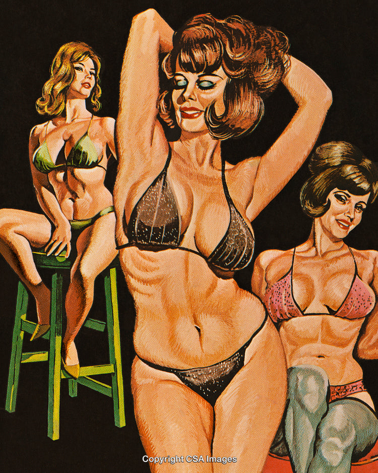 Retro Illustration of Women in Swimwear Posed Against a Black Background