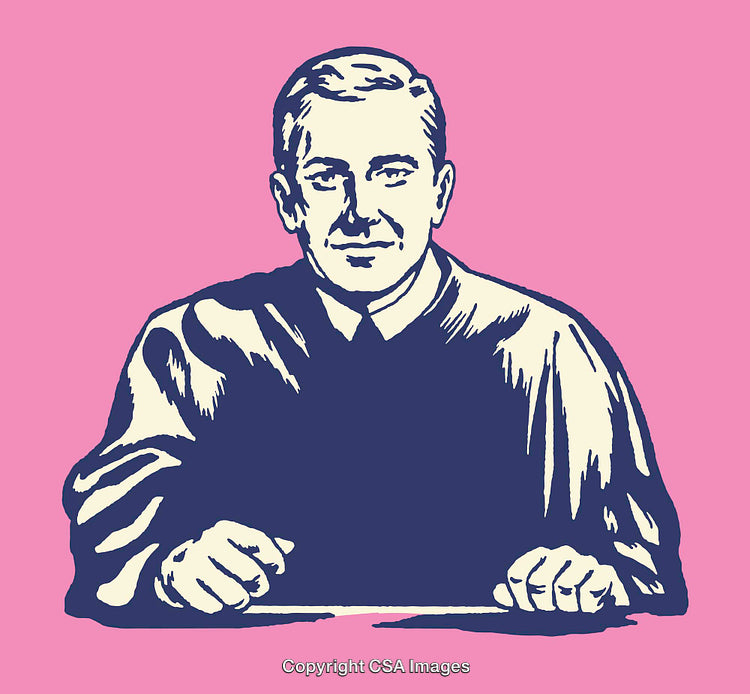 Illustration of a Judge in Blue on a Contrasting Pink Background