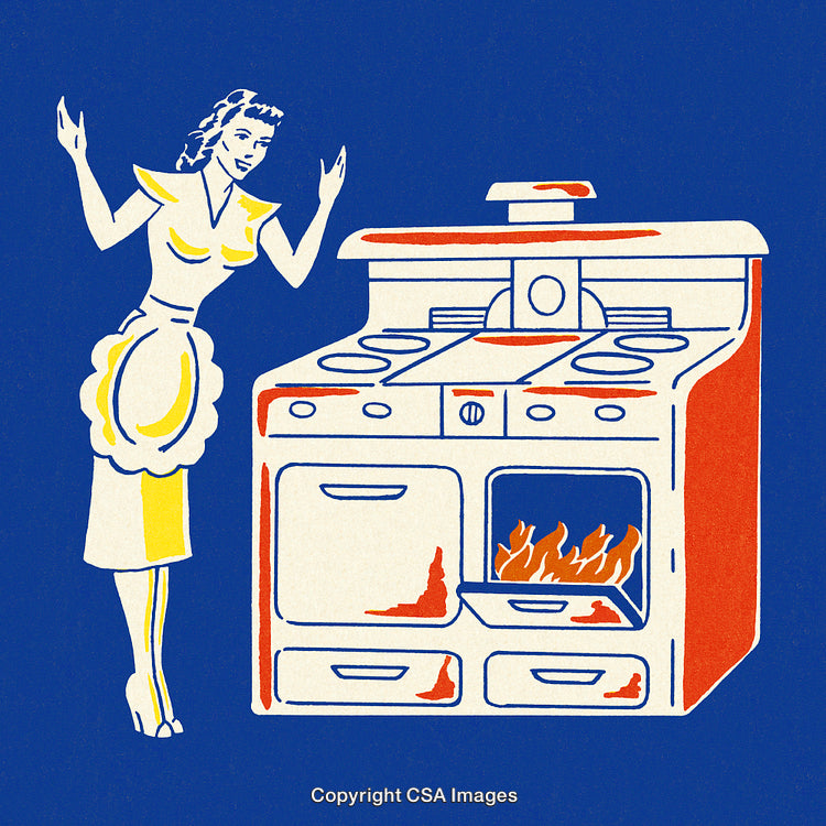 Vintage Illustration of a Homemaker and Stove in Mid-Century Style