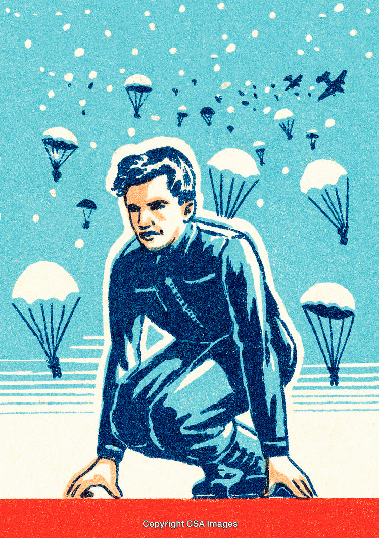 Vintage Artwork Depicting Parachutes Descending with Character in Bold Mid-Century Style