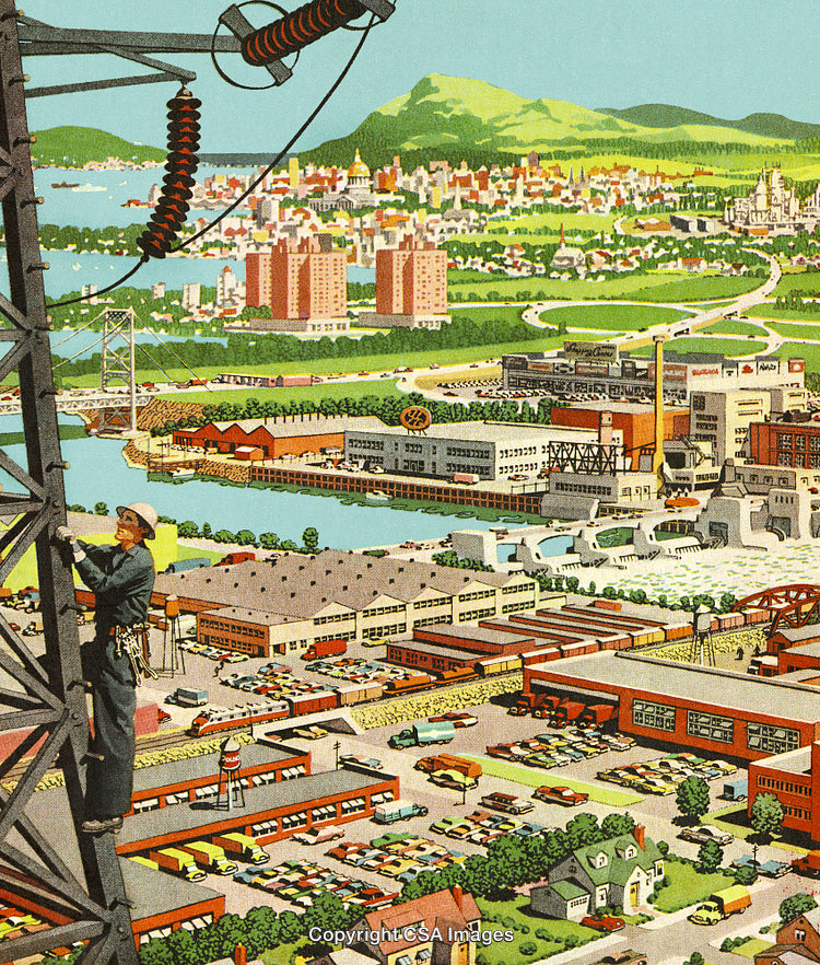 Illustrated Industrial Cityscape with Worker on Transmission Tower