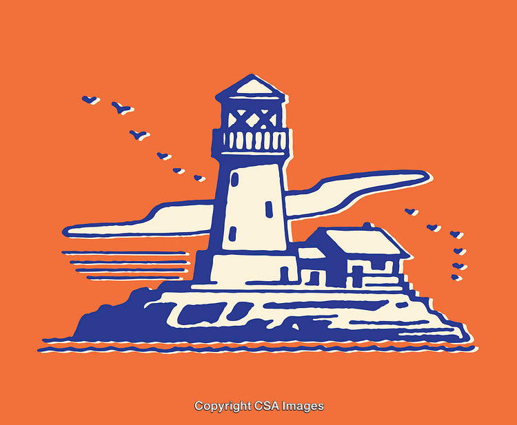 Vibrant Line Art Illustration of a Lighthouse on a Coastal Island