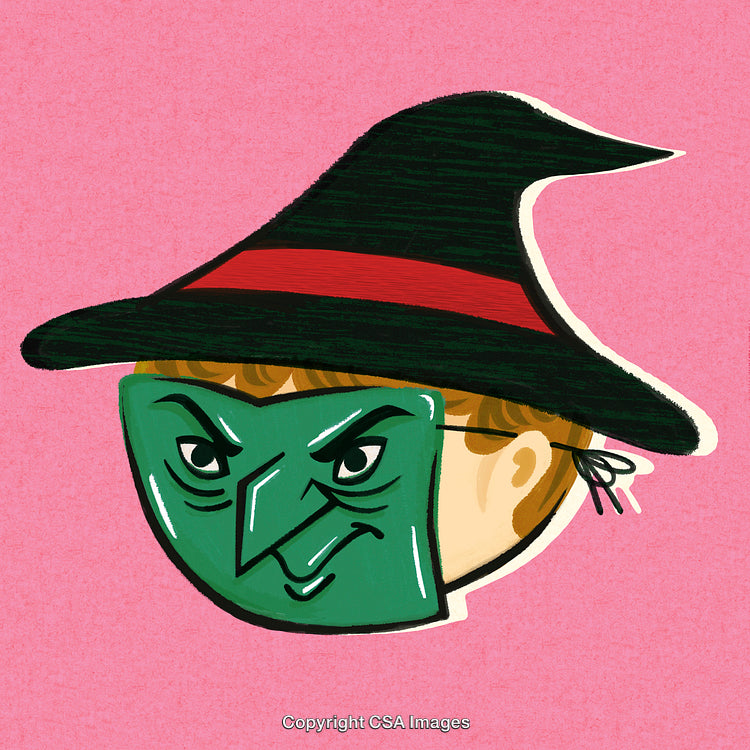 Cartoon Illustration of a Witch Hat With a Mask on Pink Background
