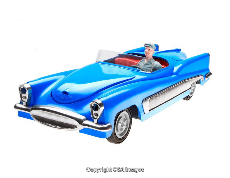 Vintage Blue Toy Car with Driver Figurine Isolated on White Background