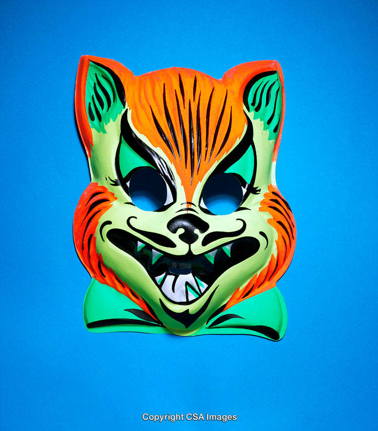 Vibrant Animal-Themed Decorative Mask Against Bright Blue Background