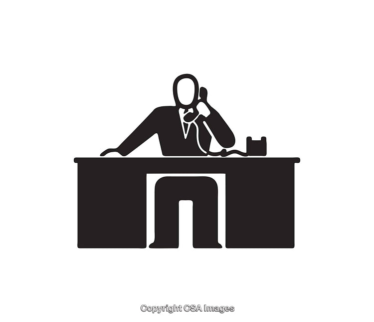 Black and White Icon of Businessperson Talking on the Phone at Their Desk