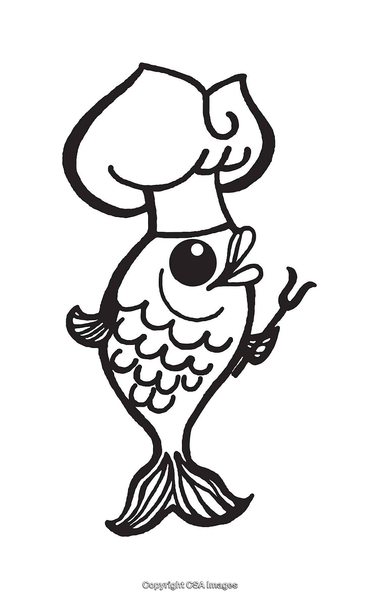 Black and White Fish Chef Line Art Illustration with Chef Hat