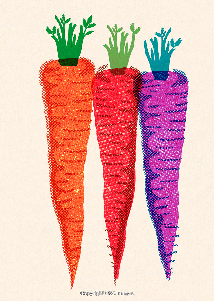 Vibrant Pop Art Illustration of Colorful Patterned Carrots in Three Unique Colors