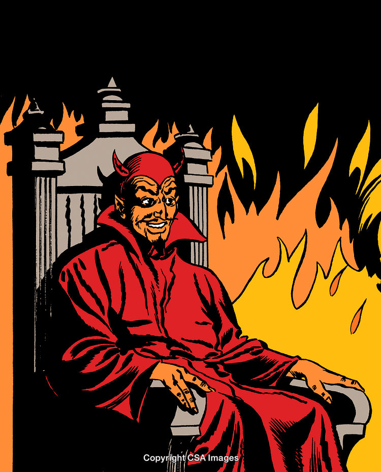Vintage Cartoon Depiction of a Devil Sitting on a Throne in Flames