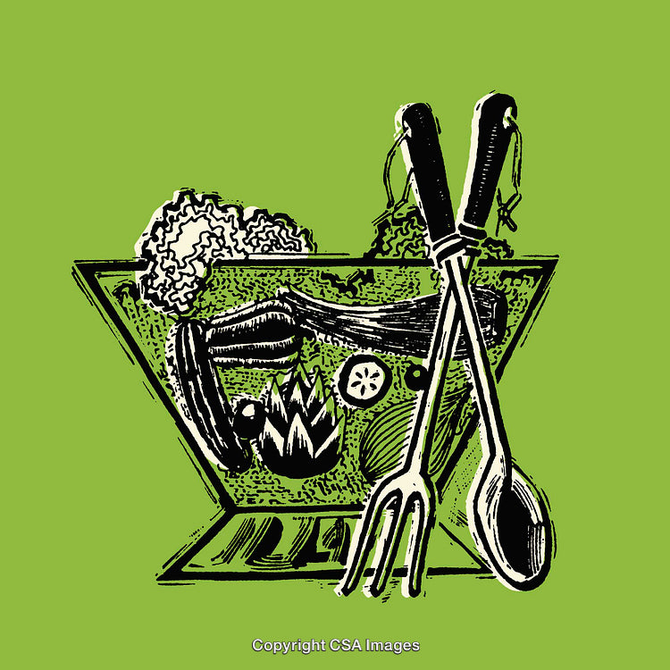 Artistic Line Art Illustration of Salad with Cutlery on Green Background