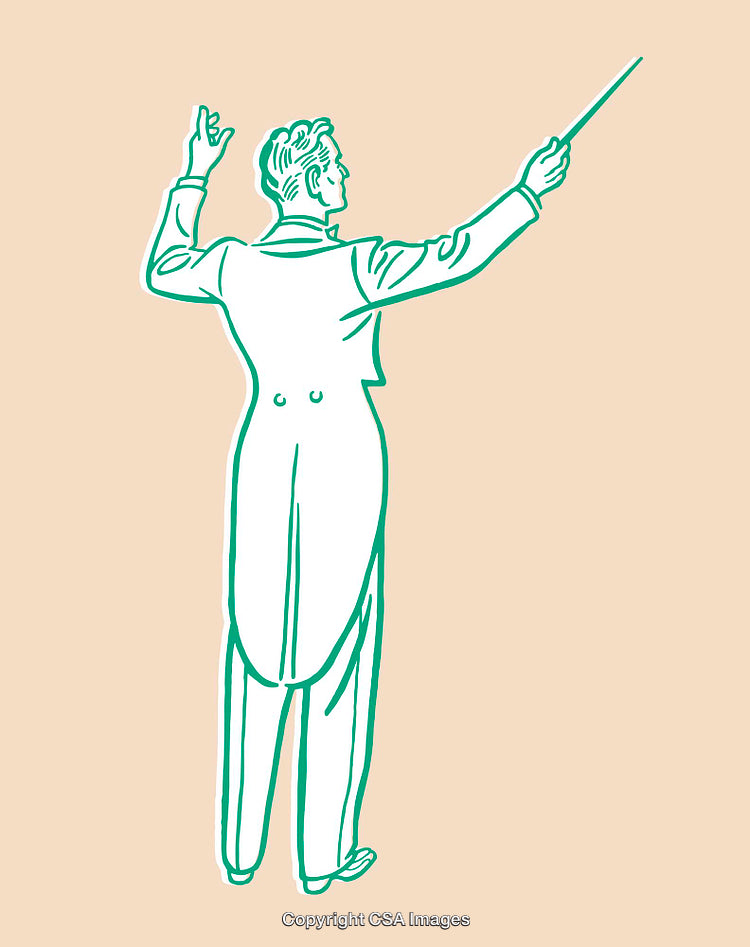 Illustration of a Conductor Leading with a Baton in Line Art Style