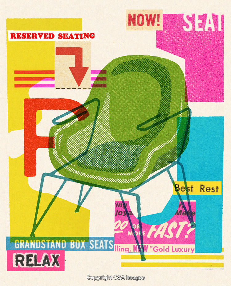 Retro Pop Art Collage With Chair and Typography Elements in Colorful Style