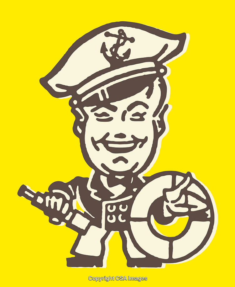Retro Styled Cartoon of Sailor with Life Preserver on Yellow Background