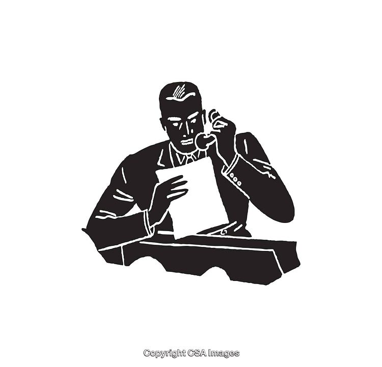 Black and White Businessman Illustration Reading Document While Using Telephone