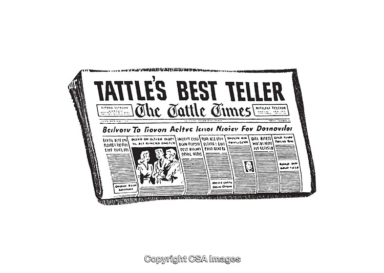 Vintage Newspaper Illustration with Bold Text and Articles in Monochrome Style