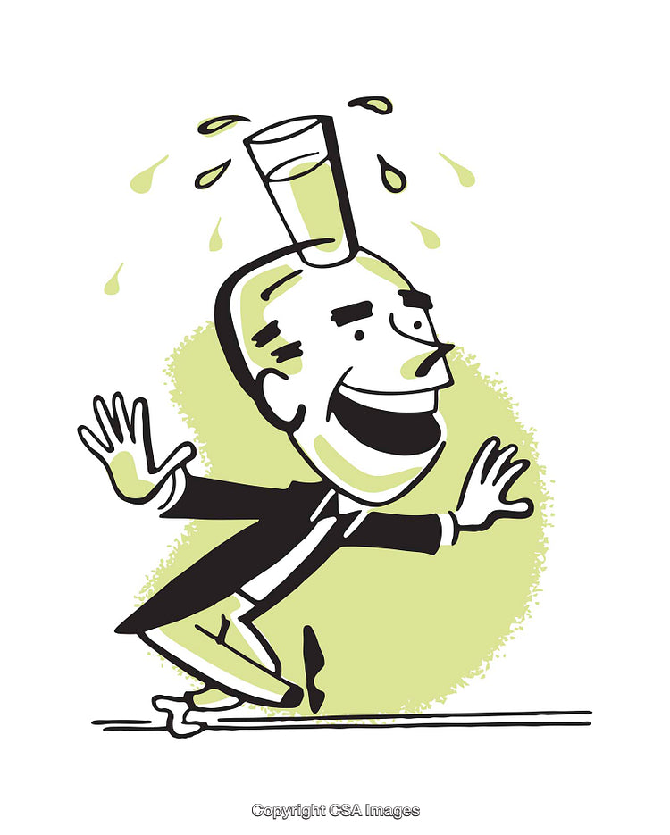 Retro Illustration of a Man Balancing a Glass On His Head, Expressing Fun