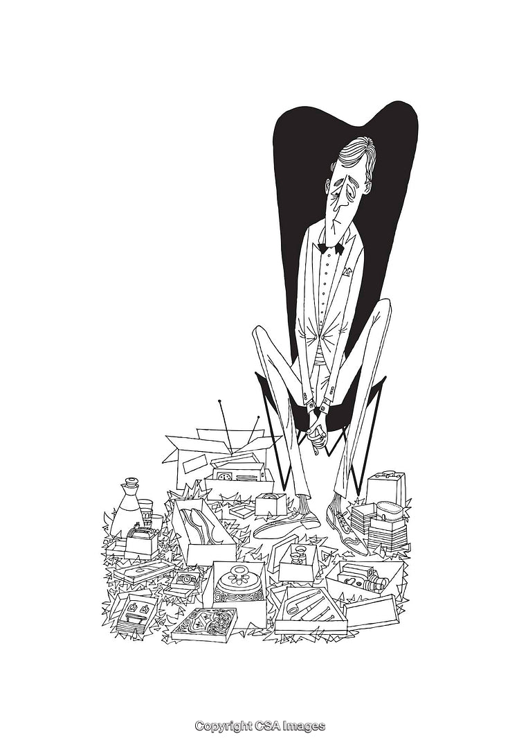 Black and White Illustration of a Pensive Man Surrounded by Items
